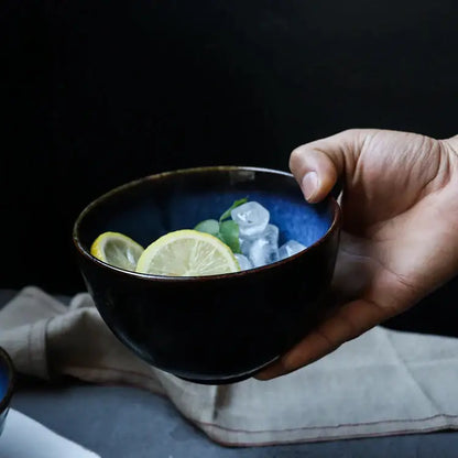 Japanese style deep blue ceramic salad bowl set dining room tableware