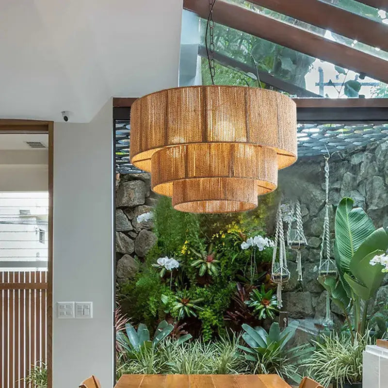 Japanese style golden tiered hemp rope pendant lights bedroom