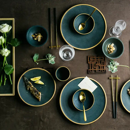 Japanese style teal & gold ceramic dinner plate dining room set