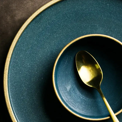 Japanese style teal & gold ceramic dinner plate dining room set