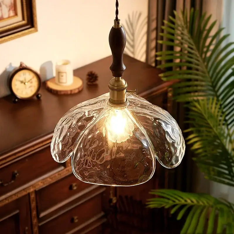 Japanese style textured clear glass pendant lamp dining room wood trim