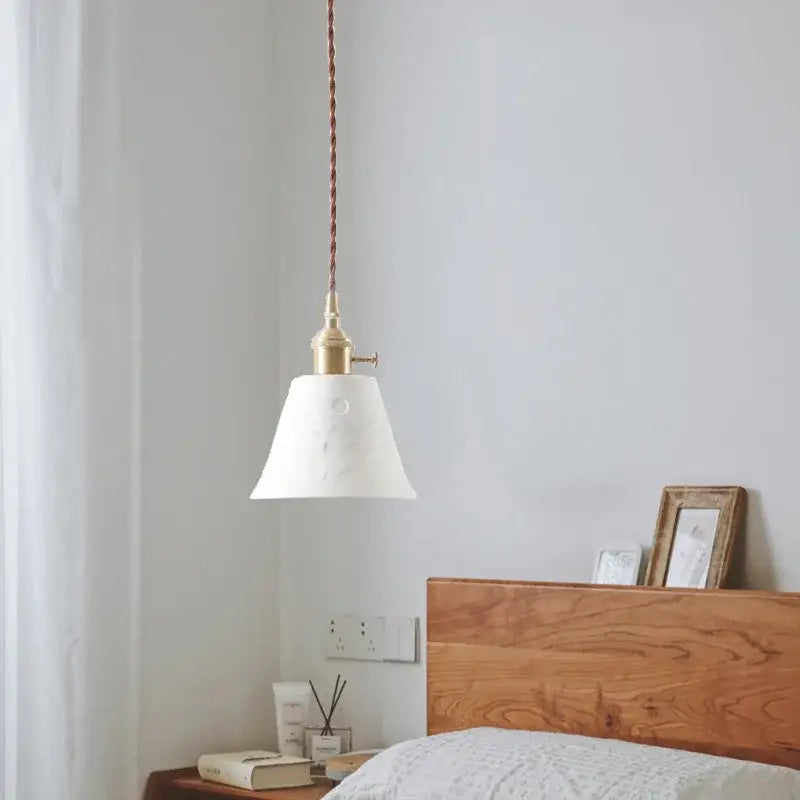 Japanese style white pleated ceramic led hanging lamp dining room