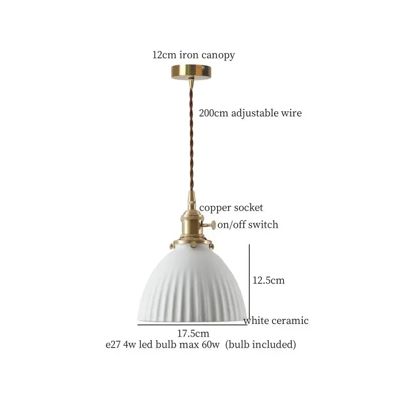 Japanese style white pleated ceramic led hanging lamp dining room