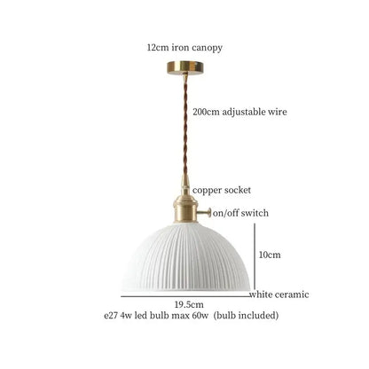 Japanese style white pleated ceramic led hanging lamp dining room