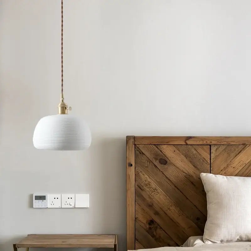 Japanese style white pleated ceramic led hanging lamp dining room