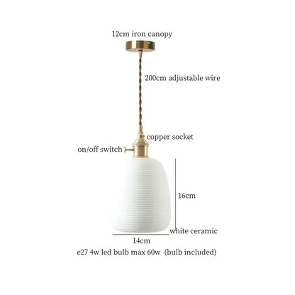 Japanese style white pleated ceramic led hanging lamp dining room