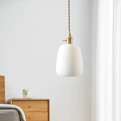 Japanese style white pleated ceramic led hanging lamp dining room