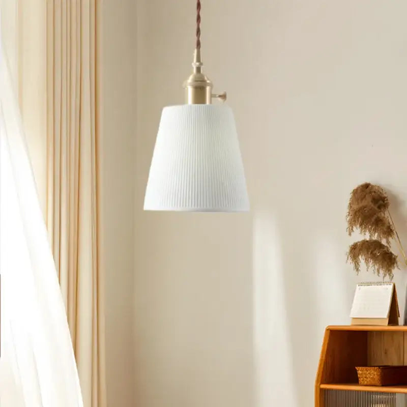 Japanese style white pleated ceramic led hanging lamp dining room