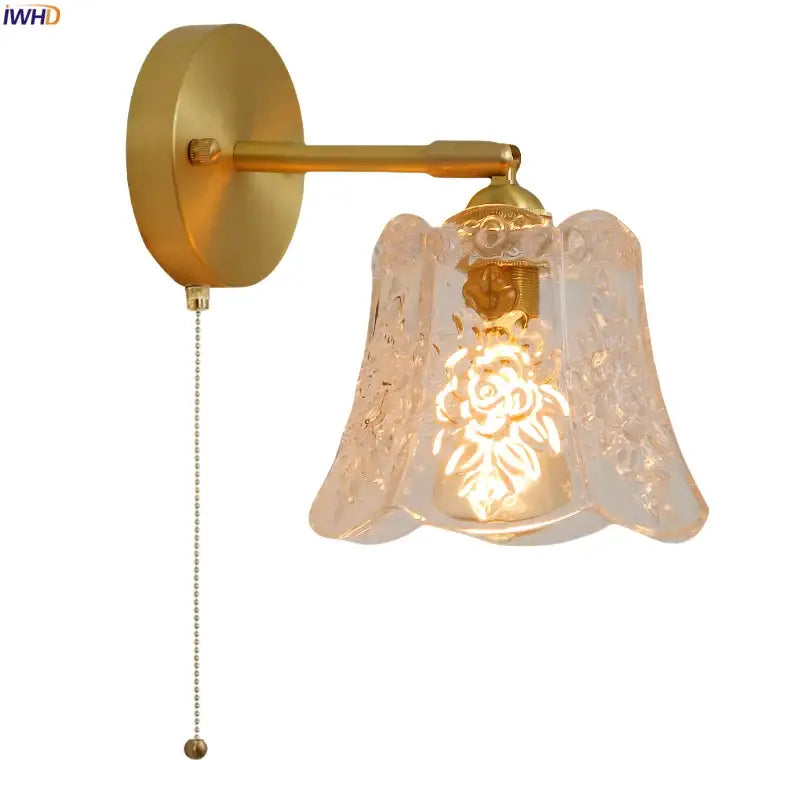Japanese vintage gold bell glass led wall lamp bedroom pull chain