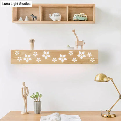 Japanese wooden floral wall lamp with shelf – bedroom led sconce