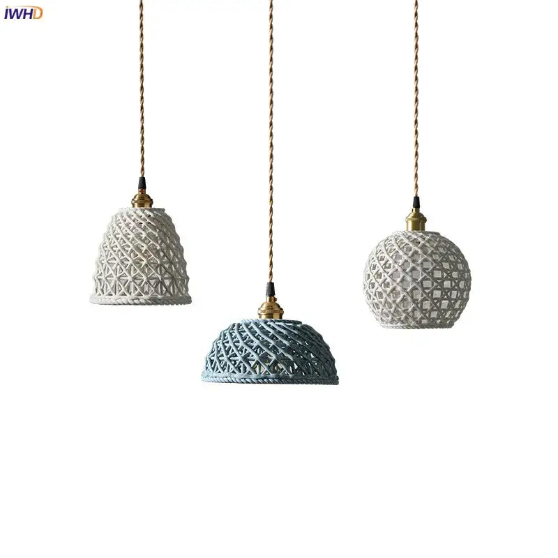 Japanese woven gray & blue ceramic led pendant lights dining room
