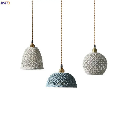 Japanese woven gray & blue ceramic led pendant lights dining room