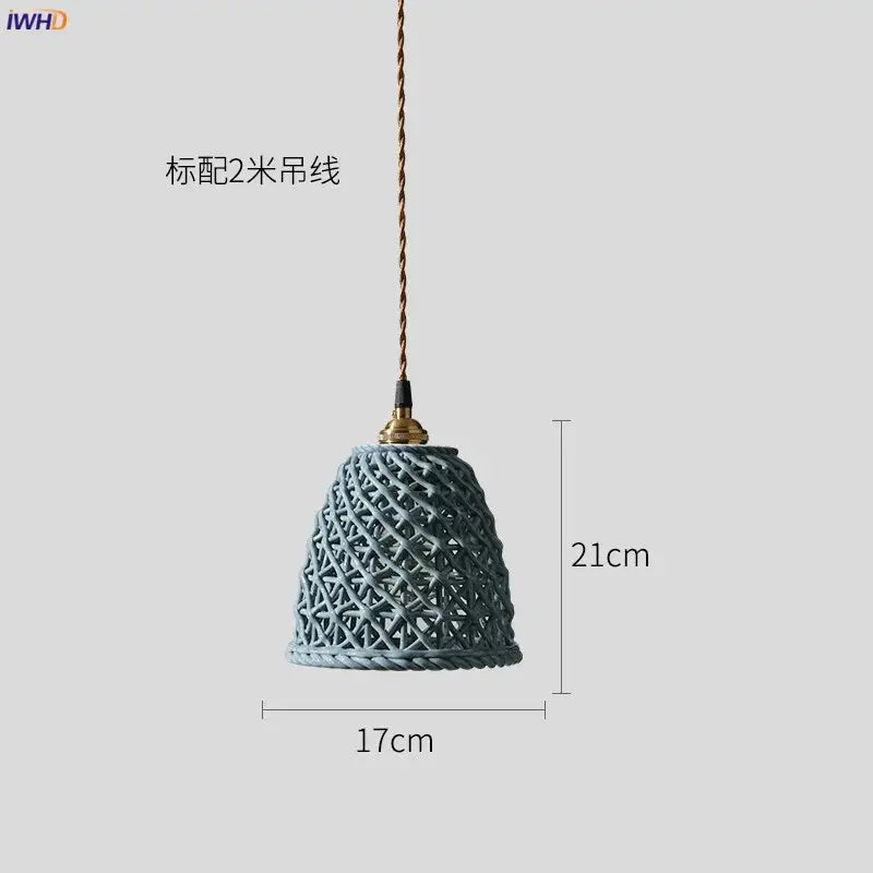 Japanese woven gray & blue ceramic led pendant lights dining room