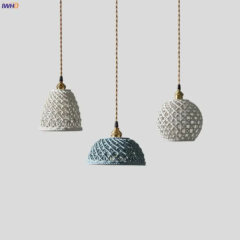 Japanese woven gray & blue ceramic led pendant lights dining room