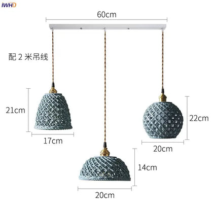 Japanese woven gray & blue ceramic led pendant lights dining room
