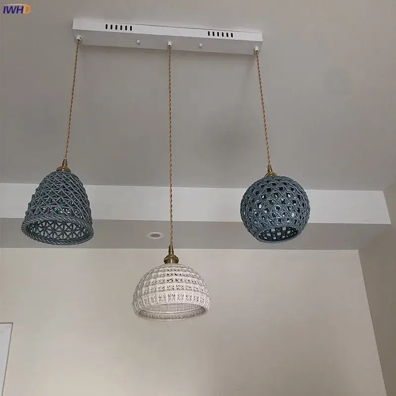 Japanese woven gray & blue ceramic led pendant lights dining room