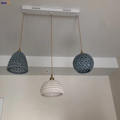 Japanese woven gray & blue ceramic led pendant lights dining room