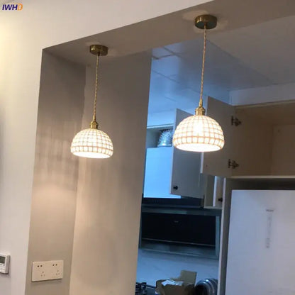 Japanese woven gray & blue ceramic led pendant lights dining room