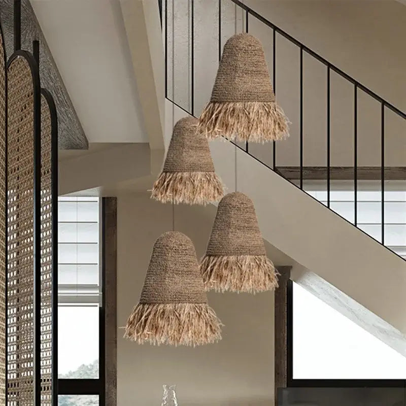 Japanese woven straw fringed pendant light for living room