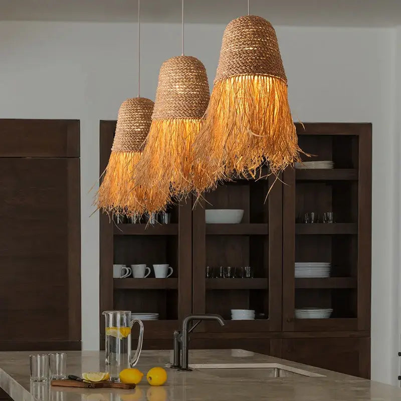 Japanese woven straw fringed pendant light for living room