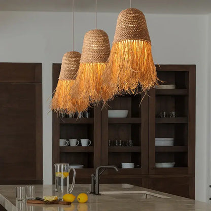 Japanese woven straw fringed pendant light for living room