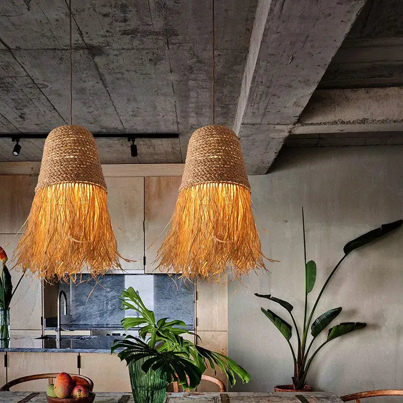 Japanese woven straw fringed pendant light for living room