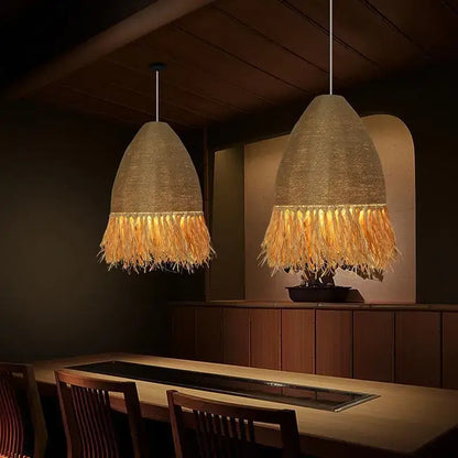 Japanese woven straw fringed pendant light for living room