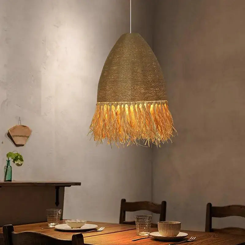 Japanese woven straw fringed pendant light for living room