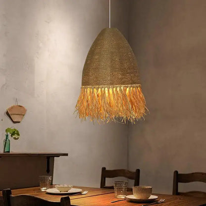 Japanese woven straw fringed pendant light for living room