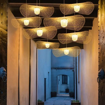 Japanese woven wave bamboo pendant chandelier dining room light