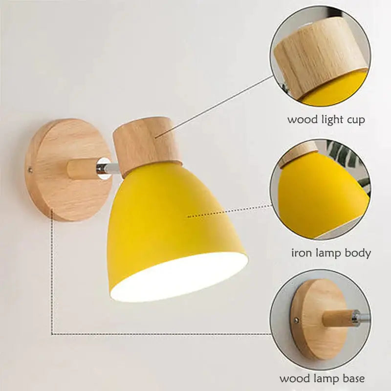 Joan wooden reading wall lamp yellow and natural wood bedroom light
