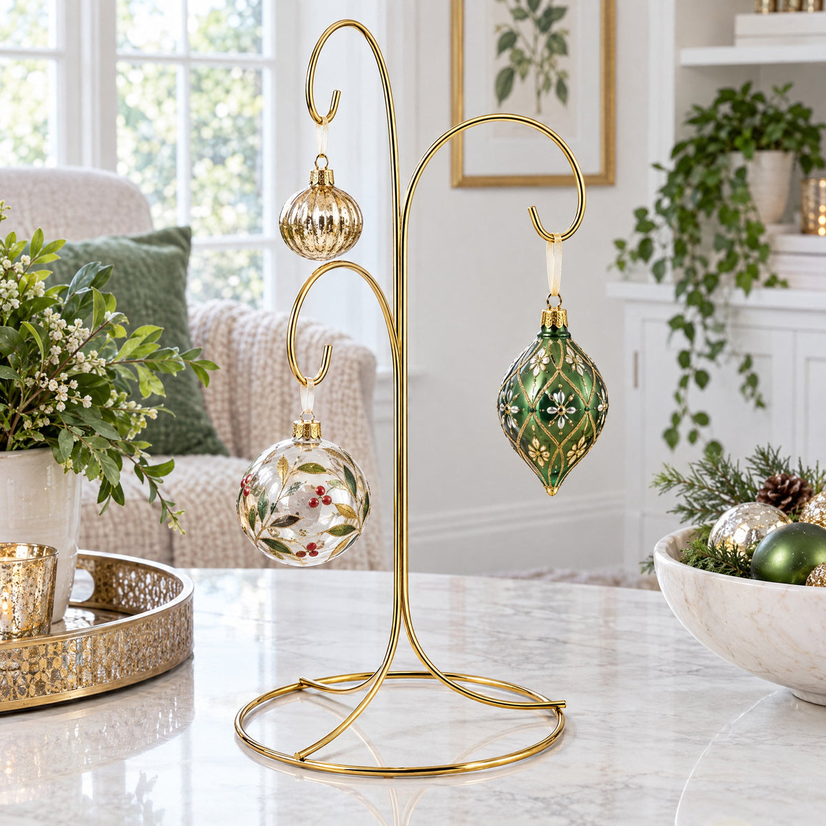 3-Arm 3-Tier Gold Brass Metal Ornament Stand Display 10.75 Inches (Taiwan)