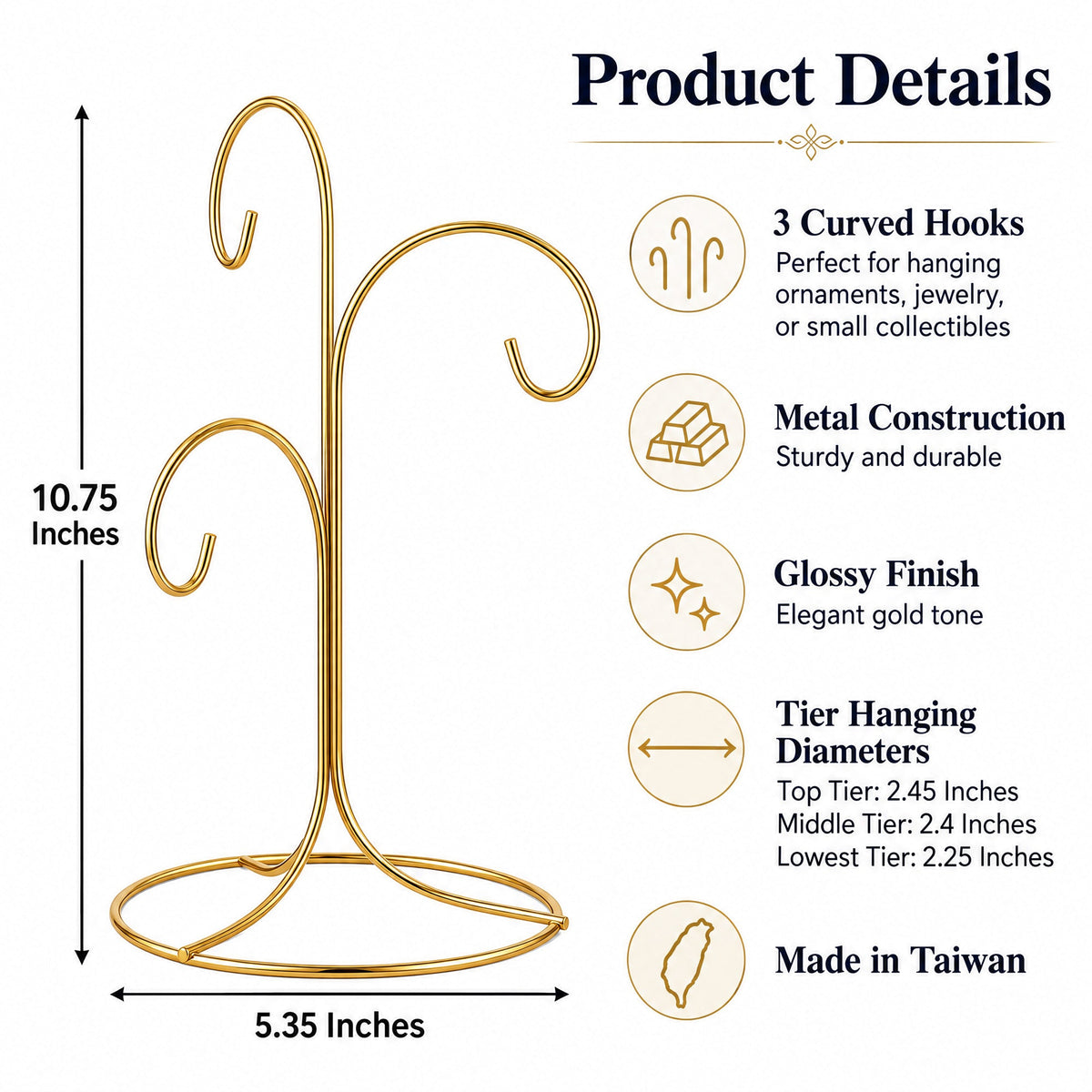 3-Arm 3-Tier Gold Brass Metal Ornament Stand Display 10.75 Inches (Taiwan)