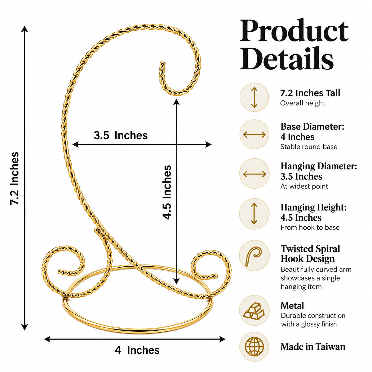 Twisted Wire Gold Metal Ornament Stand Display 7.2 Inches (Taiwan)
