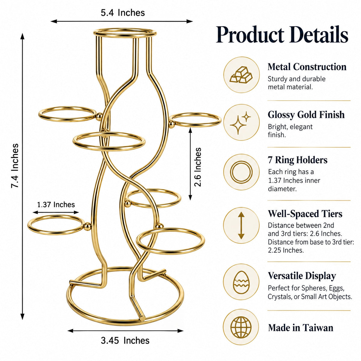 7-Ring 3-Tier Gold Wire Metal Sphere Crystals Egg Stand Holder Display 7.4 Inches (Taiwan)