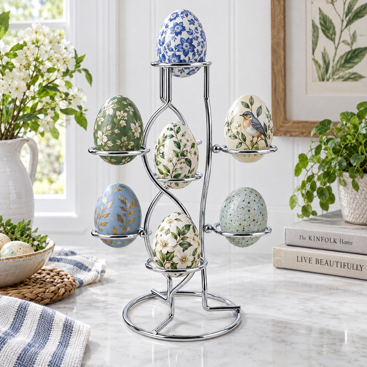7-Ring 3-Tier Silver Wire Metal Sphere Crystals Egg Stand Holder Display 7.4 Inches (Taiwan)