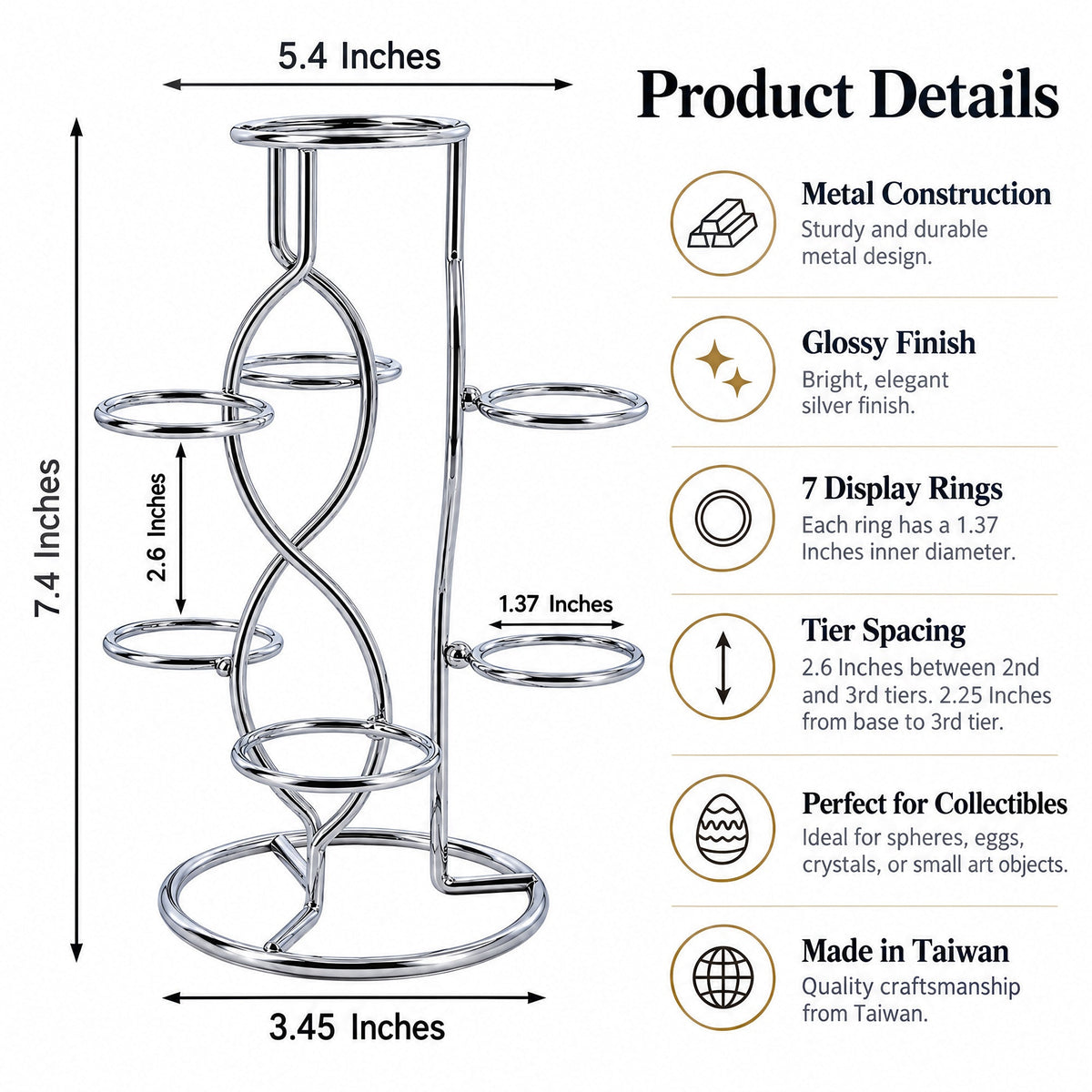 7-Ring 3-Tier Silver Wire Metal Sphere Crystals Egg Stand Holder Display 7.4 Inches (Taiwan)