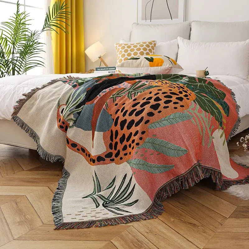 Jungle pink & cream leopard print throw blanket bedroom fringed decor