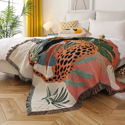 Jungle pink & cream leopard print throw blanket bedroom fringed decor