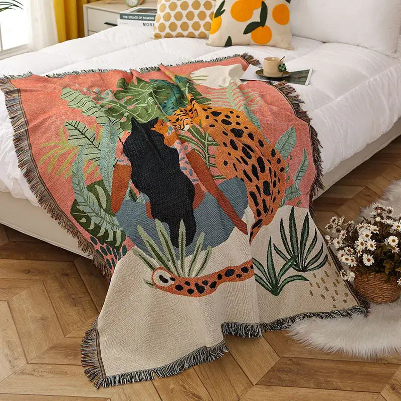 Jungle pink & cream leopard print throw blanket bedroom fringed decor