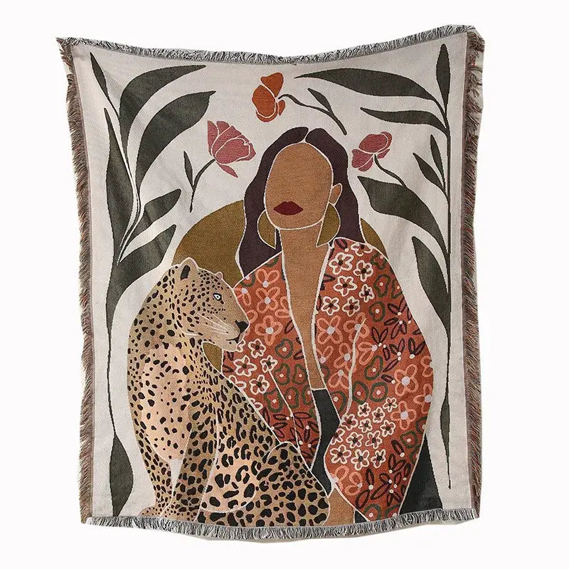 Jungle pink & cream leopard print throw blanket bedroom fringed decor