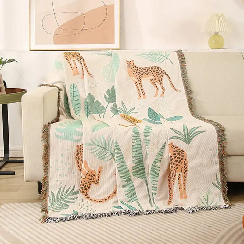 Jungle pink & cream leopard print throw blanket bedroom fringed decor