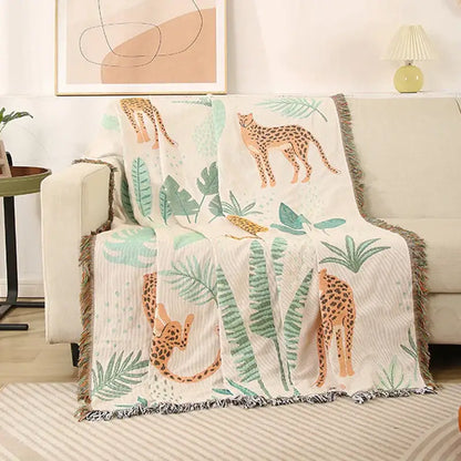Jungle pink & cream leopard print throw blanket bedroom fringed decor
