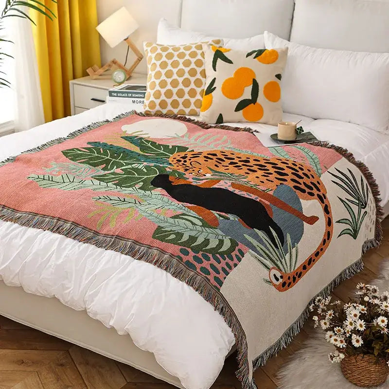 Jungle pink & cream leopard print throw blanket bedroom fringed decor