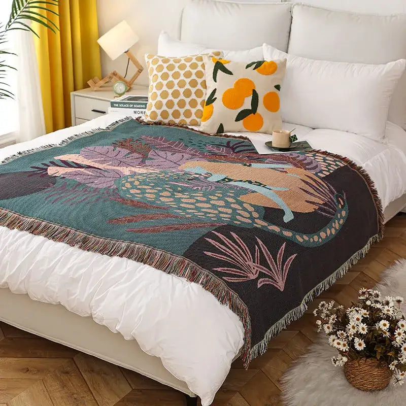 Jungle pink & cream leopard print throw blanket bedroom fringed decor