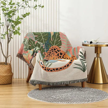 Jungle pink & cream leopard print throw blanket bedroom fringed decor