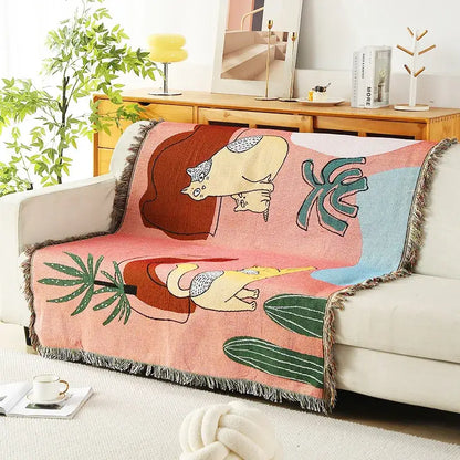 Jungle pink & cream leopard print throw blanket bedroom fringed decor