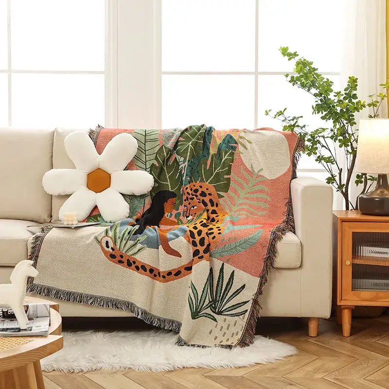 Jungle pink & cream leopard print throw blanket bedroom fringed decor