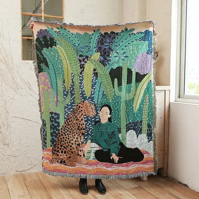 Jungle pink & cream leopard print throw blanket bedroom fringed decor