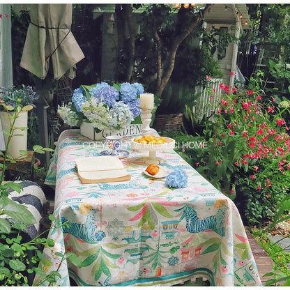 Jungle vibes tablecloth cream blue & green tiger print kitchen decor
